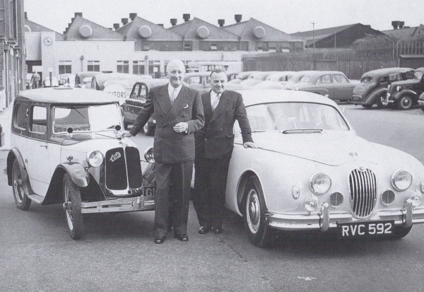 1955 William Lyons and Bill Heyness Jaguar Mk I and Austine 7